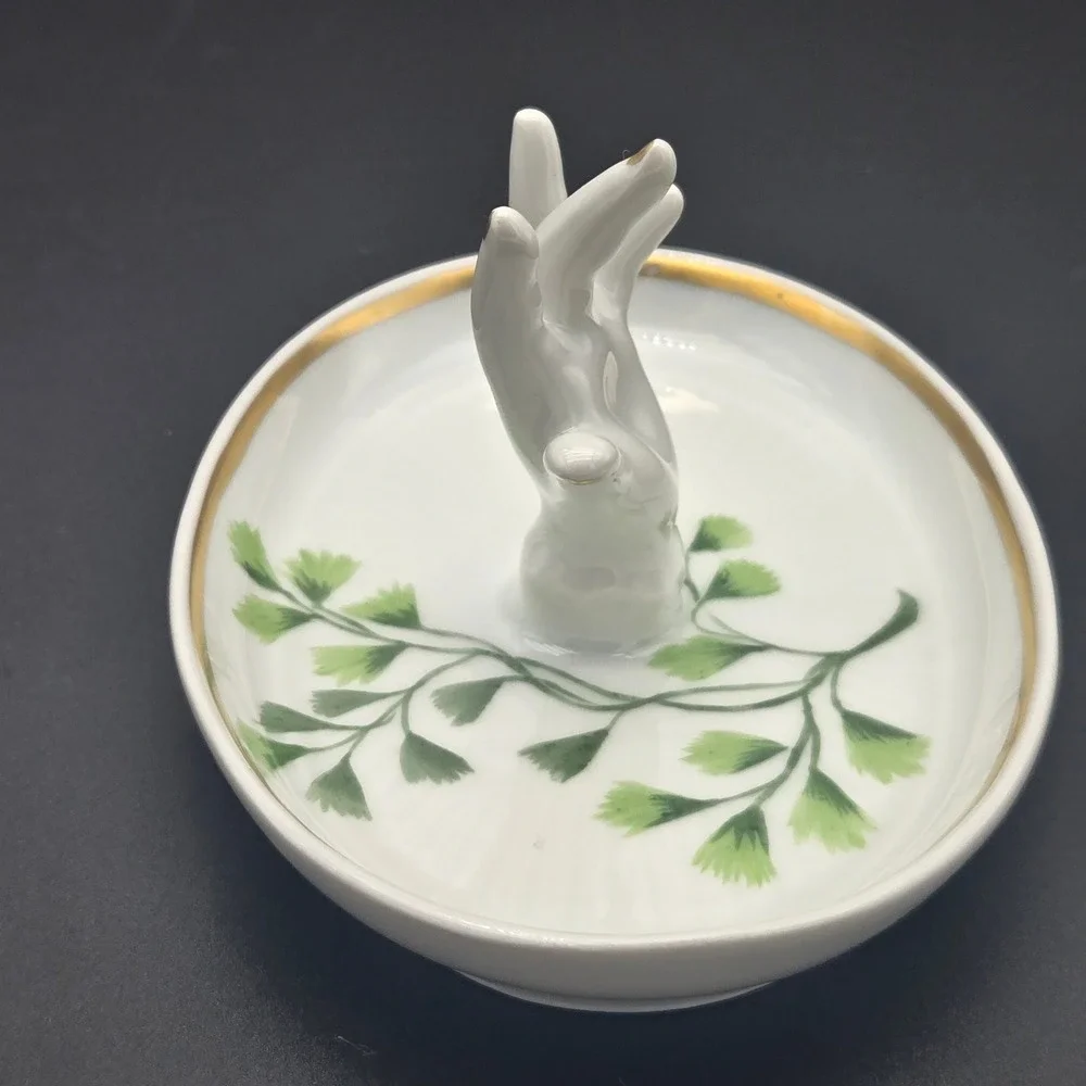 Vintage Porcelain Mini Hand Ring Holder Dish White Gold‎ Trim Made in France 5